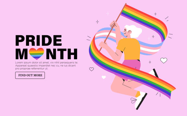 stockillustraties, clipart, cartoons en iconen met cheerful character with rainbow lgbtq and transgender flag celebrate pride month or day vector flat illustration. lgbtq support social media banner or post template, greeting card on pink background. - queer flag
