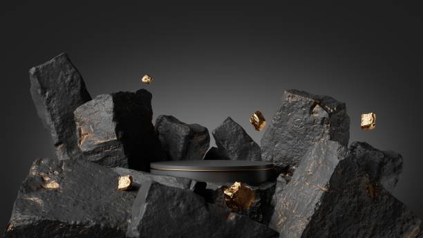 istock 3d render, abstract background with black cobblestone ruins, broken rocks and golden nuggets. Modern minimal showcase scene with empty cylinder podium for product presentation 1395511772