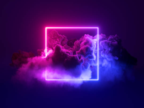 istock 3d rendering, abstract geometrical background with square neon frame and stormy cloud glowing with pink blue light 1395511904