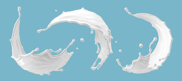 ilustração 3d, conjunto de respingos de leite com formas variadas. coleção de arte de clipe líquido abstrato, isolada em fundo azul. loção hidratante, cosméticos brancos espirrando - flying milk - fotografias e filmes do acervo