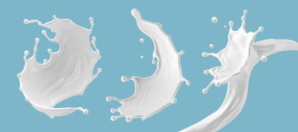 istock 3d render, set of white liquid splashes, splashing milk design elements. Abstract assorted liquid shapes clip art collection, isolated on blue background. White paint splashing 1395511979