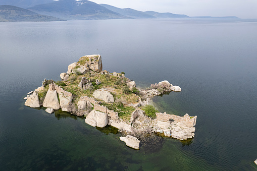 Bafa Lake aerial views, Kahve Asar Adası, Ikız Adalar, Besparmak Daglari, Mountains