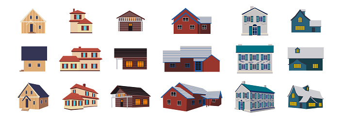 A set of cartoon houses in different architectural styles.