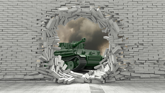 Military Tank Breaks Through the Brick Wall. 3D Render