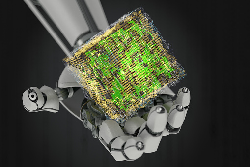AI Hi-Tech Concept Robot's Hand Holding a Abstract Glowing Hypercube. 3D Render