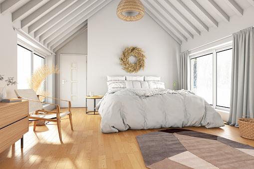 Modern Scandinavian Style Loft Bedroom. 3D Render