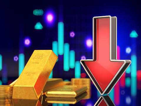 Gold Prices Going Down Concept with Red Arrow and a Financial Chart as a Background. 3D Render