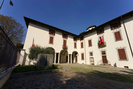Trezzo sull Adda, Italy - October 16, 2021: Exterior of the historic House Appiani at Trezzo sull Adda, in Milan province, Lombardy, Italy