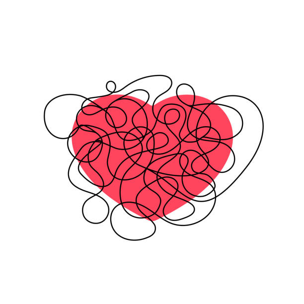 herzform mit chaoslinie darüber illustration - chaos sketch heart shape two dimensional shape stock-grafiken, -clipart, -cartoons und -symbole