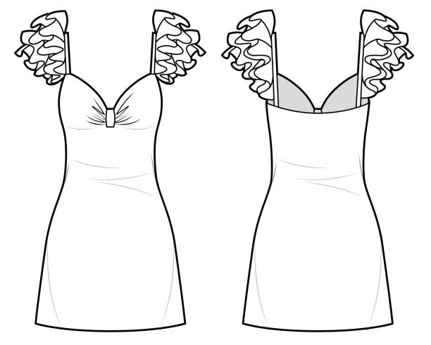 Womans sexy dress with ruffles on straps Womans sexy dress with ruffles on straps, fashion sketch bell sleeve stock illustrations