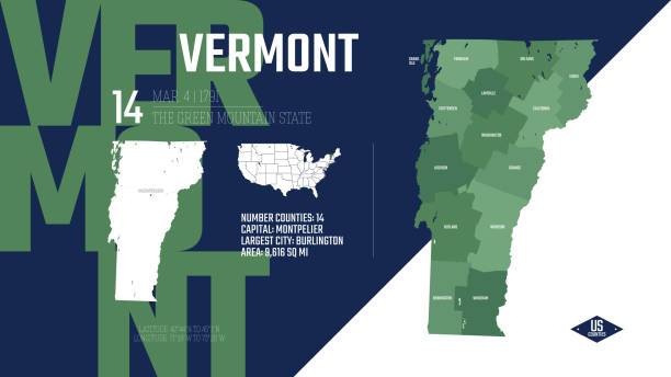 14 of 50 states of the United States, divided into counties with territory nicknames, Detailed vector Vermont Map with name and date admitted to the Union, travel poster and postcard 14 of 50 states of the United States, divided into counties with territory nicknames, Detailed vector Vermont Map with name and date admitted to the Union, travel poster and postcard essex england illustrations stock illustrations