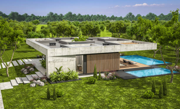 istock 3d rendering of new concrete house in modern style 1395523850