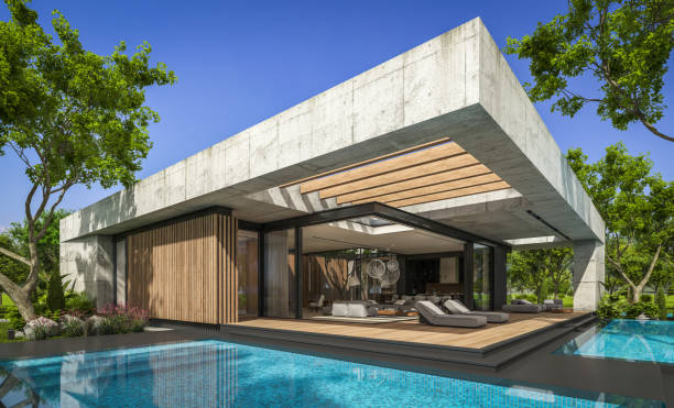 istock 3d rendering of new concrete house in modern style 1395523914