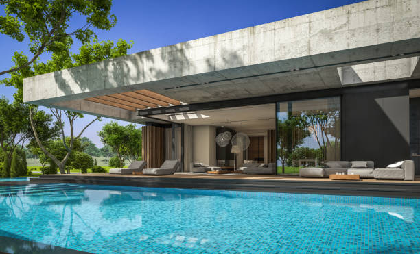 istock 3d rendering of new concrete house in modern style 1395523915