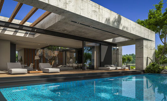Exterior view of modern luxury house with swimming pool.