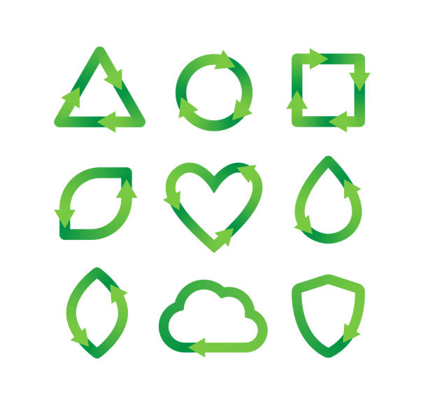 zestaw ikon recyklingu ekologii. zielone strzałki symboli recyklingu w różnych kształtach: okrągły okrąg, kwadrat, trójkąt, serce, chmura, kropla wody, liść rośliny. koncepcja świadomej konsumpcji. płaska ilustracja wektorowa - marnowanie wody stock illustrations