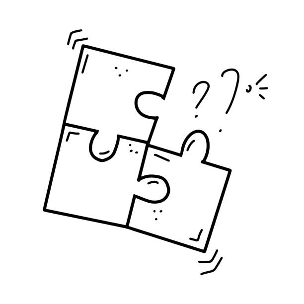 Doodle missing puzzle with question mark Doodle missing puzzle with question mark. Black vector illustration isolated on white background drawing of the jigsaw puzzle stock illustrations
