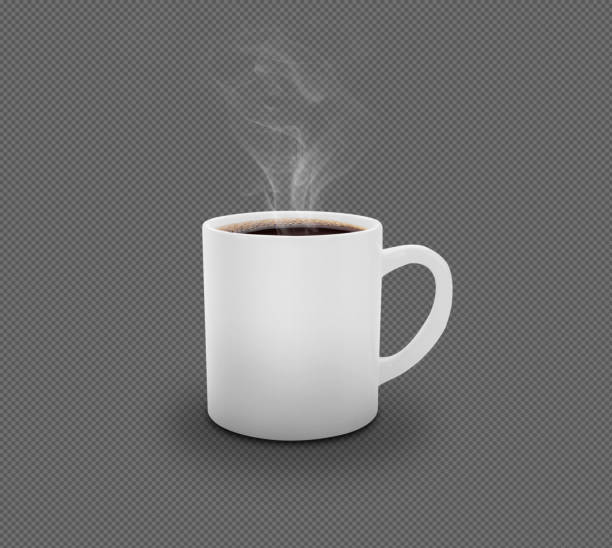 透明な背景に煙が隔離された白いリアルなコーヒーカップ - steam coffee cup black coffee non alcoholic beverage ストックフォトと画像