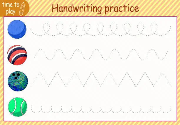 Vector illustration of children's educational game, task. training for handwriting. circle the lines. funny bouncing balls.