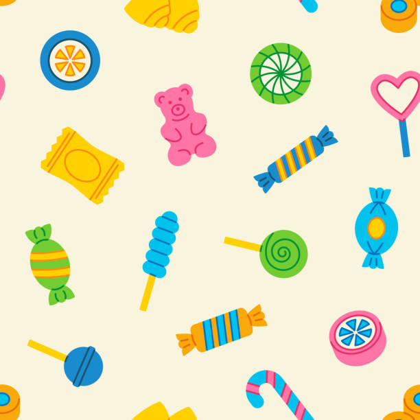 ilustrações de stock, clip art, desenhos animados e ícones de candy seamless pattern. sweet background with lollipop, sweets, caramel, candy cane, chocolate, gummy bear. - candy hard candy wrapped variation