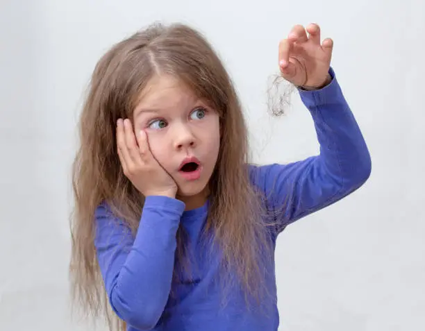 Isolated scared and shocked caucasian little girl of 5-6 years with long hair, holding piece of hair pulling out from brush on gray background in blue