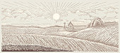 istock Farmland landscape with a farm in engraving style. 1395536221