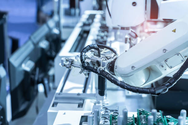 istock Automatic industrial robotic robot working, industry 4.0 and technology concept 1395536416