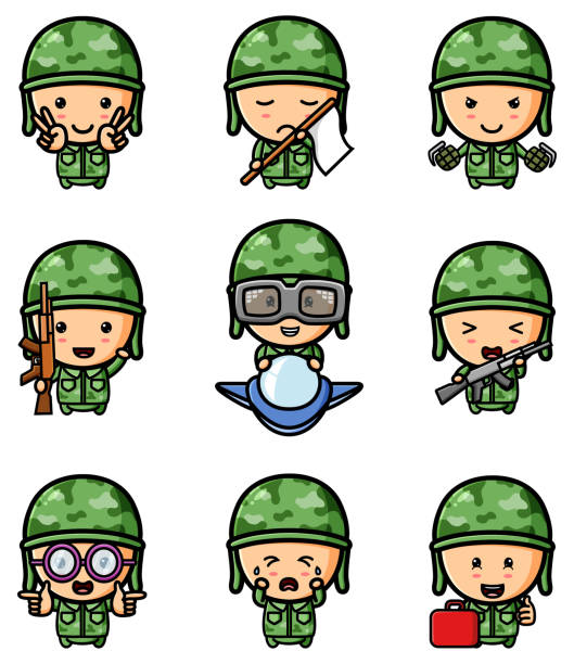 illustrazioni stock, clip art, cartoni animati e icone di tendenza di il simpatico ragazzo dell'esercito pronto per il set di mascotte militari - young soldier