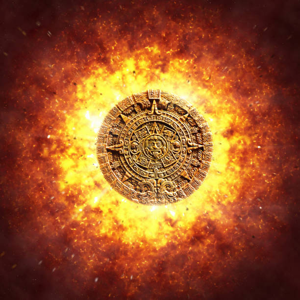 Aztec relic The Stone of the Sun, a religious calendar, against a dramatic explosion Ancient Aztec Stone of the Sun emerging from a fireball. tonatiuh stock pictures, royalty-free photos & images