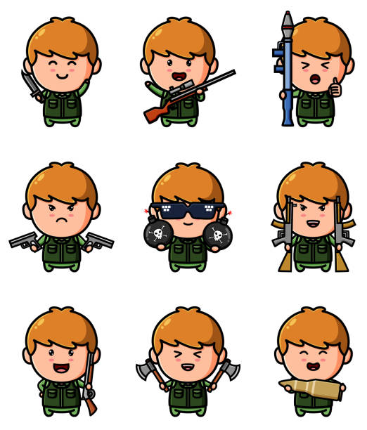 ilustrações de stock, clip art, desenhos animados e ícones de the soldier man with many weapon mascot bundle set - rocket smiling missile bomb