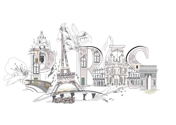 istock Paris lettering decorated with flowers and the Eiffel tower and other architecture sights. 1395537759