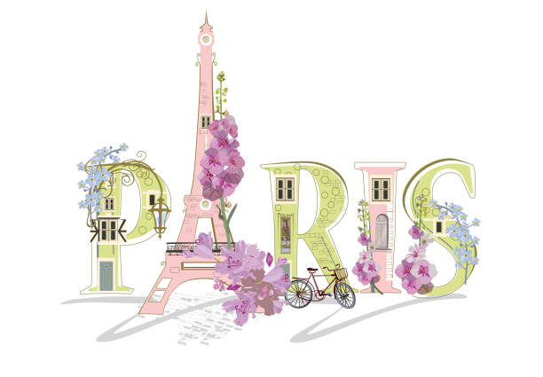 illustrazioni stock, clip art, cartoni animati e icone di tendenza di lettering di parigi decorato con fiori e la torre eiffel e altri luoghi d'interesse architettonico. - luogo dinteresse immagine