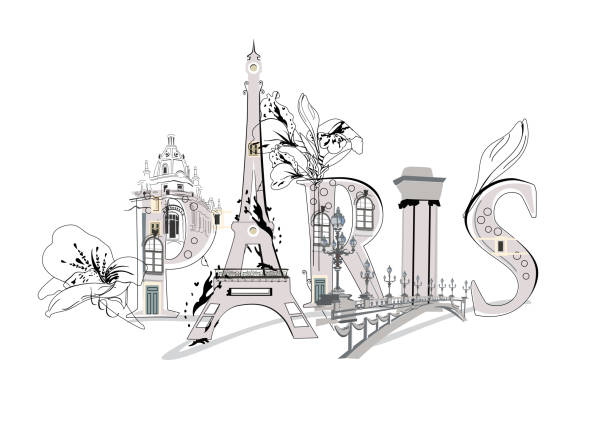 pariser schriftzug mit blumen und dem eiffelturm und anderen architektonischen sehenswürdigkeiten. - eiffel tower stock-grafiken, -clipart, -cartoons und -symbole