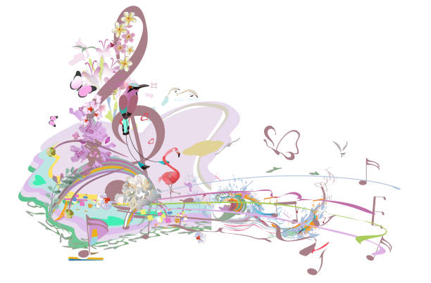 istock Abstract nature treble clef decorated with summer and spring flowers, notes, birds. 1395537839