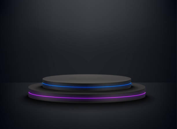 istock Deep black room with podium and neon glow. 3d vector premium showcase for display products 1395537908