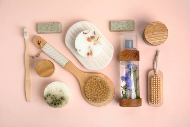 istock Eco friendly personal care products on pink background, flat lay 1395538010