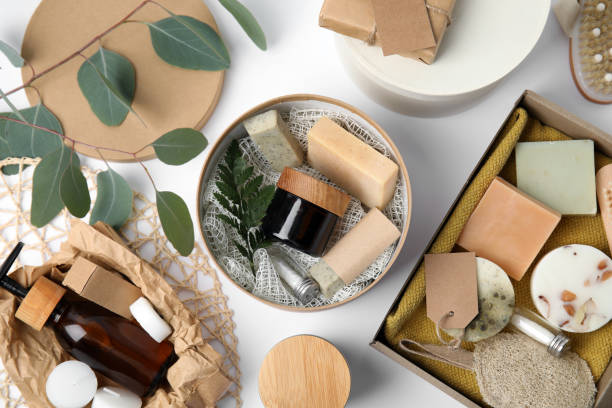 istock Cardboard boxes with eco friendly personal care products on white background, top view 1395538110