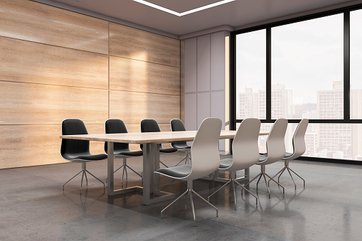 Bright glass partition meeting room interior with furniture and equipment. 3D Rendering