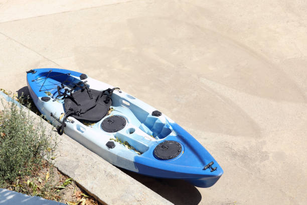 istock Beautiful bright kayak outdoors, above view. Space for text 1395538810