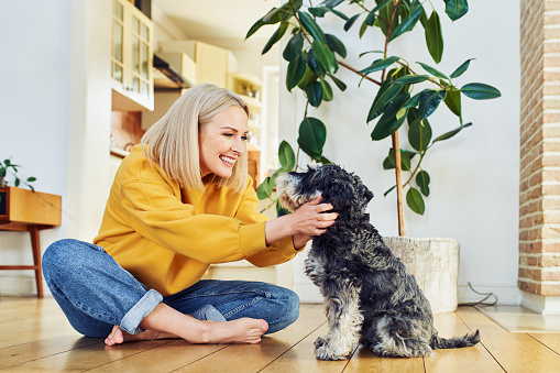 Happy pet owner. Smiling middle aged woman playing with her dog at home