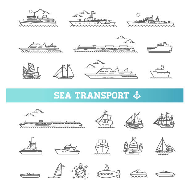 ilustrações de stock, clip art, desenhos animados e ícones de ships - set of modern vector plain line design icons and pictograms - sailing ship military ship industrial ship passenger ship