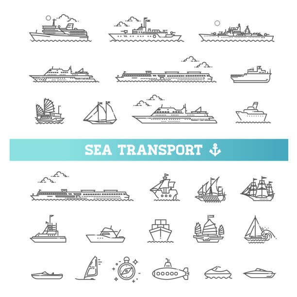 Ships - set of modern vector plain line design icons and pictograms Vector line set of ships and boats industrial ship military ship shipping passenger ship stock illustrations