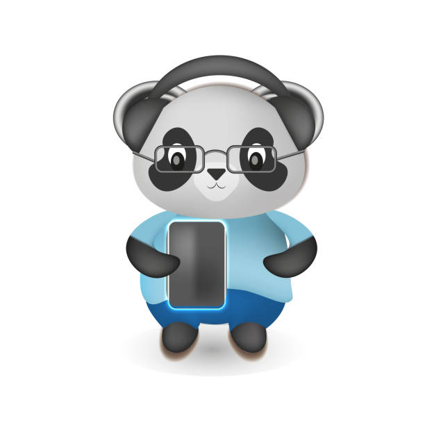 벡터 3d 일러스트 레이 션, 귀여운 팬더 괴짜, it 사람, 헤드폰, 안경 및 전화 착용. - teddy panda bear stock illustrations