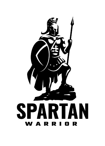 Spartan warrior with weapons and armor, symbol. Vector illustration.