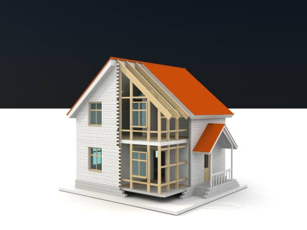 istock 3d illustration of frame house construction over white background with crane and crawler. Building theme background. 1395540830