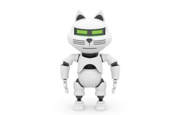 Robot cat. 3d rendering illustration. Isolated on white. Kitten 3d. Droid. 3d render. White cat. Robotic pet. Humanoid. Cyborg. Pet shop. Modern technology. Future. Animal. Mechanical. Futuristic.