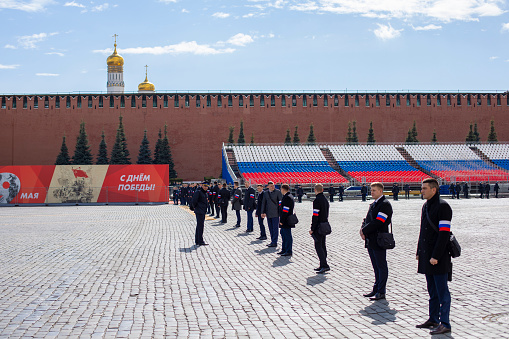 Moscow, Russia - May 4, 2022: Red Square, rehearsal of the parade for May 9 Victory Day in World War II, preparation for the holiday