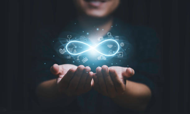 Hands holding virtual infinity with technology icon for symbol of connection to community metaverse world network system concept.
