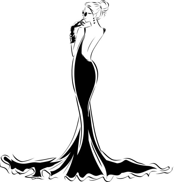 Woman in a black dress line art Woman in a black dress line art mermaid dress stock illustrations