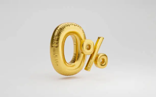 Golden zero percentage or 0% balloon for special offer of shopping department store discount and banking interest rate concept by realistic 3d render.